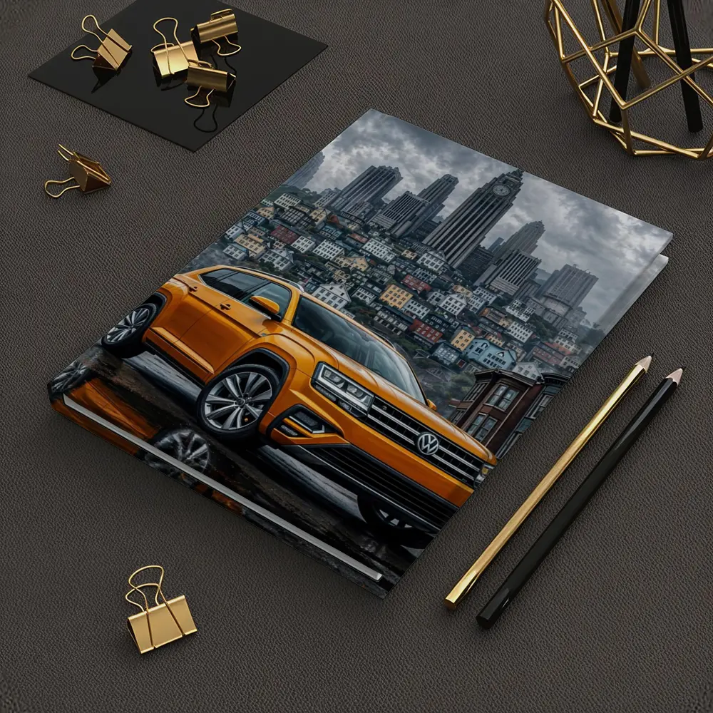 Volkswagen Atlas Orange SUV Rainy City Street – Notebooks