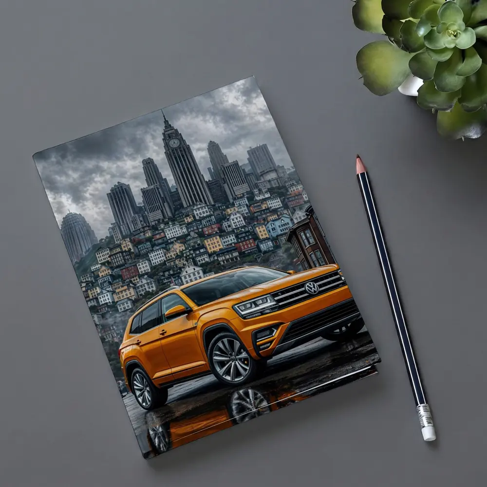 Volkswagen Atlas Orange SUV Rainy City Street – Notebooks