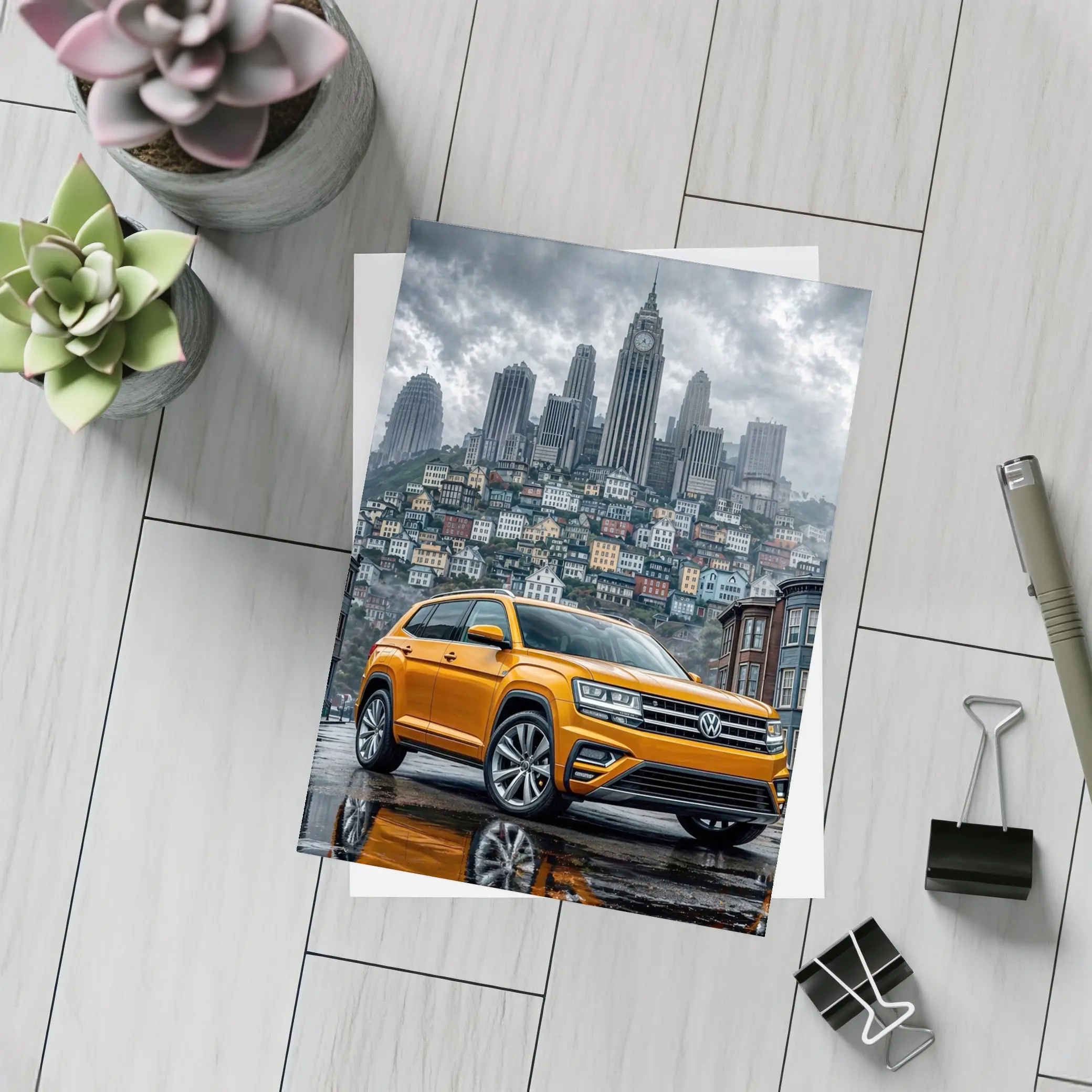 Volkswagen Atlas Orange SUV Rainy City Street – Postcards