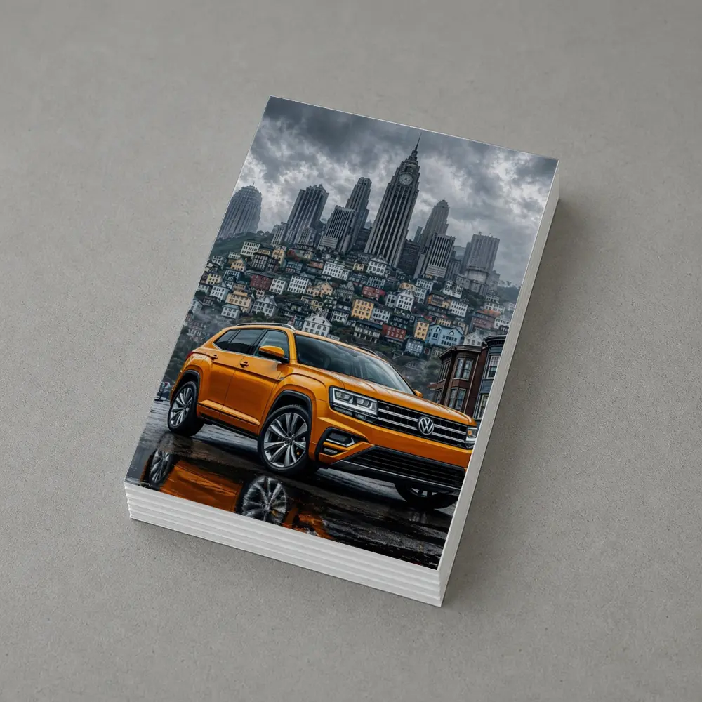 Volkswagen Atlas Orange SUV Rainy City Street – Postcards