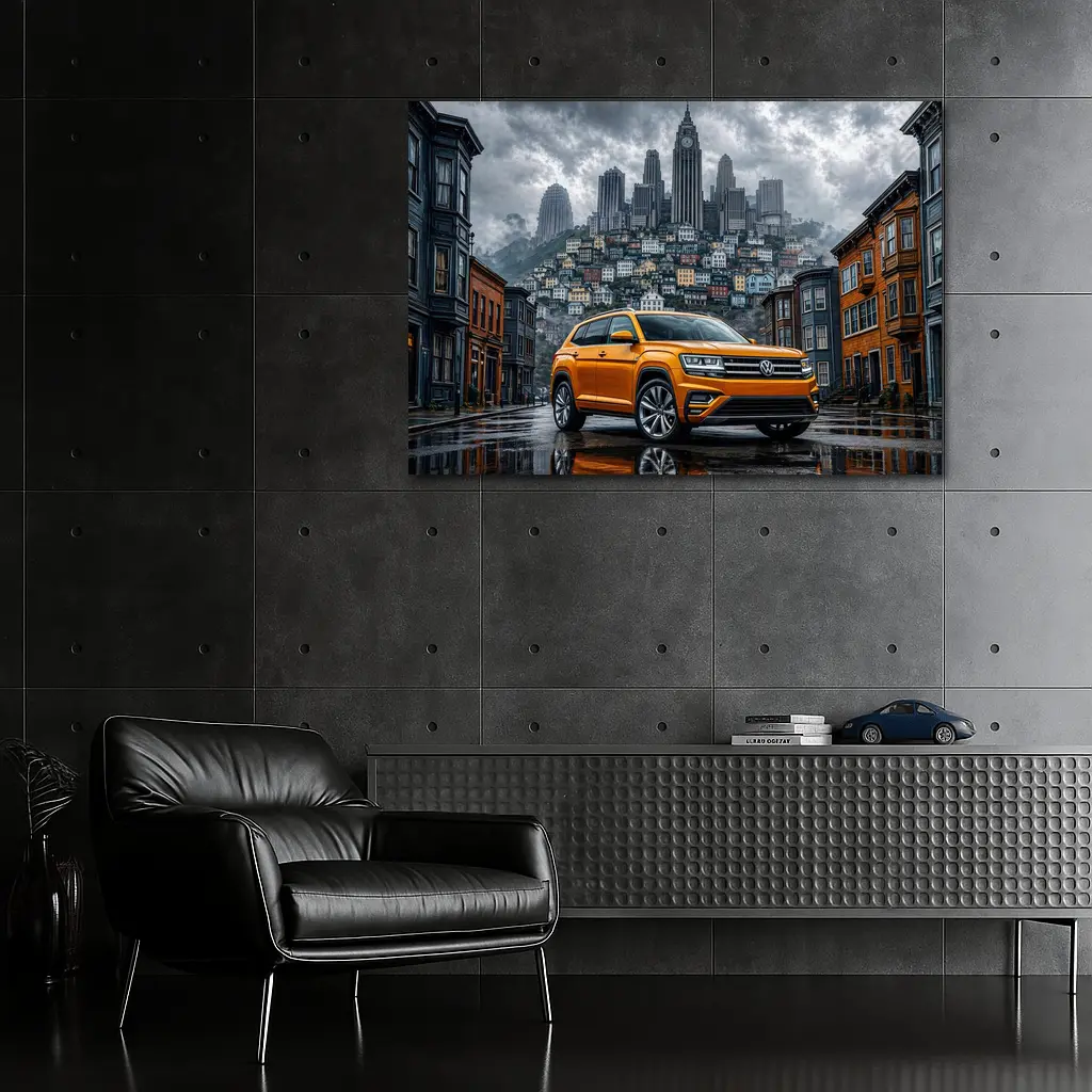 Volkswagen Atlas Orange SUV Rainy City Street – Wall Art