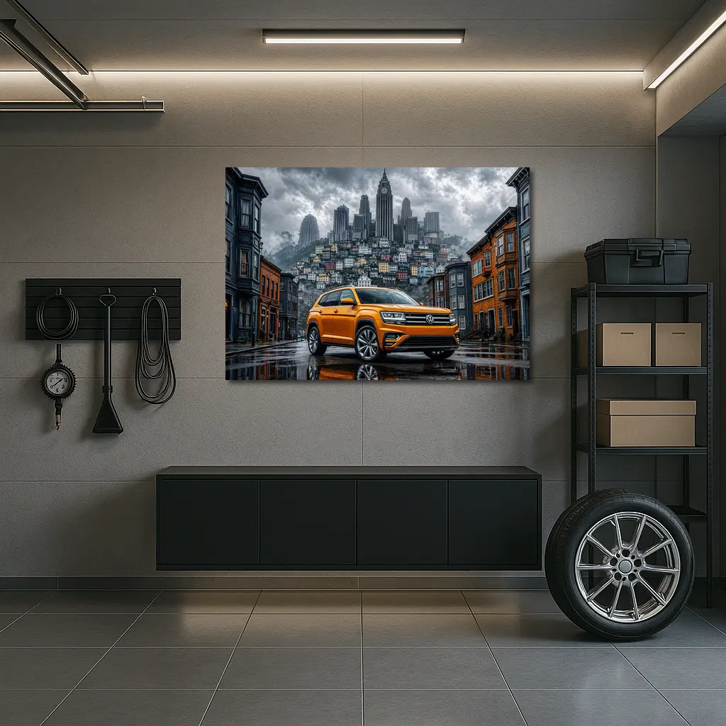 Volkswagen Atlas Orange SUV Rainy City Street – Wall Art