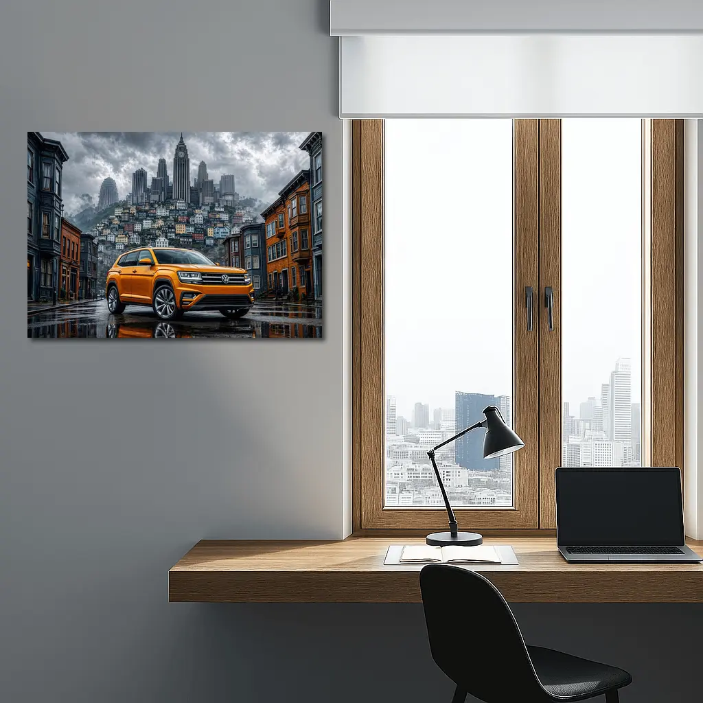 Volkswagen Atlas Orange SUV Rainy City Street – Wall Art