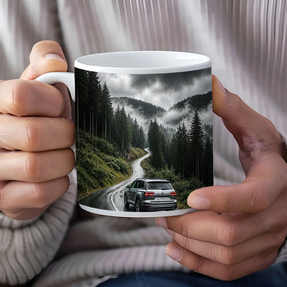 Volkswagen Atlas on Rainy Mountain Forest Road – Mugs