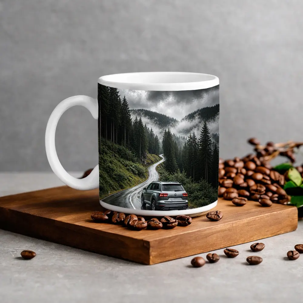 Volkswagen Atlas on Rainy Mountain Forest Road – Mugs
