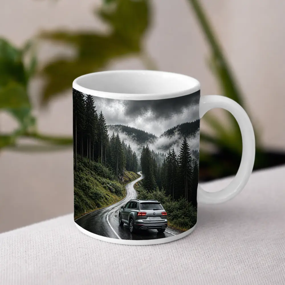 Volkswagen Atlas on Rainy Mountain Forest Road – Mugs