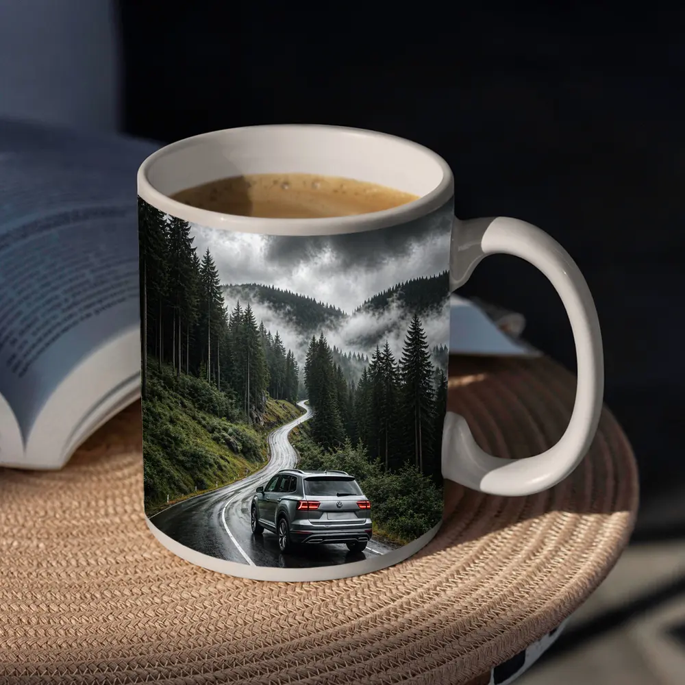 Volkswagen Atlas on Rainy Mountain Forest Road – Mugs