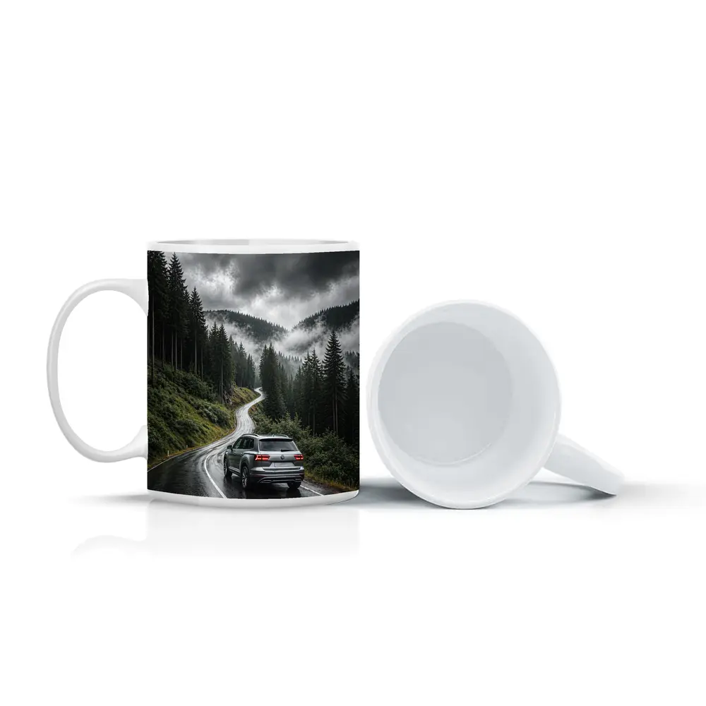 Volkswagen Atlas on Rainy Mountain Forest Road – Mugs
