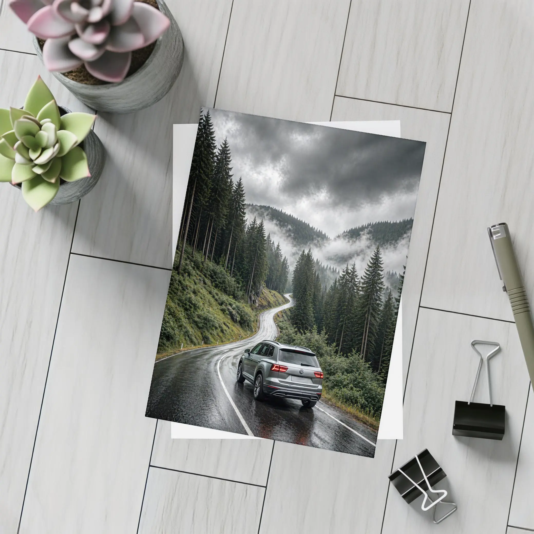 Volkswagen Atlas on Rainy Mountain Forest Road – Postcards