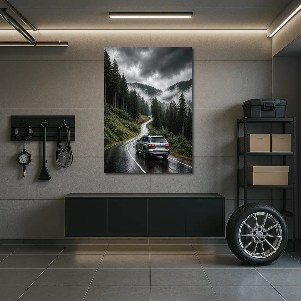 Volkswagen Atlas on Rainy Mountain Forest Road – Wall Art