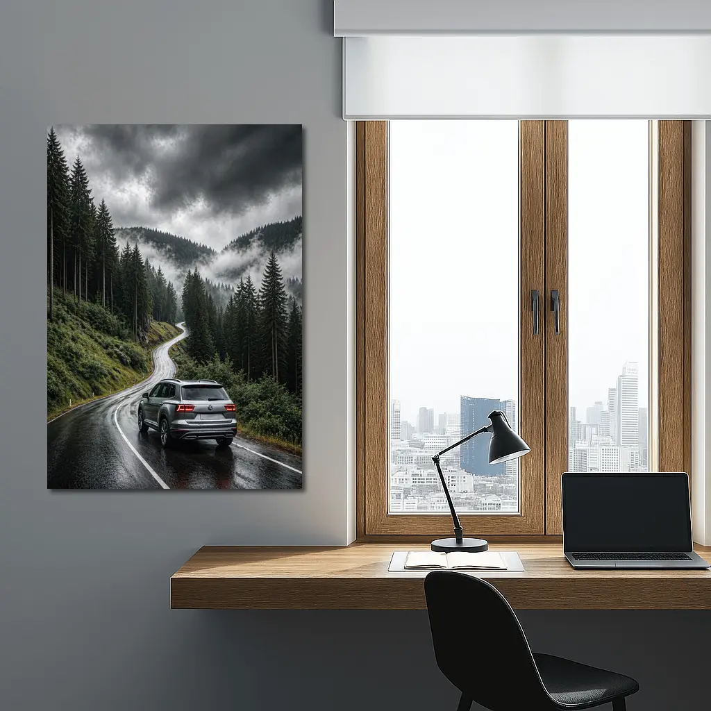 Volkswagen Atlas on Rainy Mountain Forest Road – Wall Art