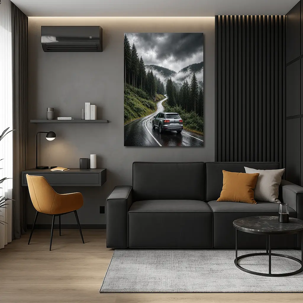 Volkswagen Atlas on Rainy Mountain Forest Road – Wall Art