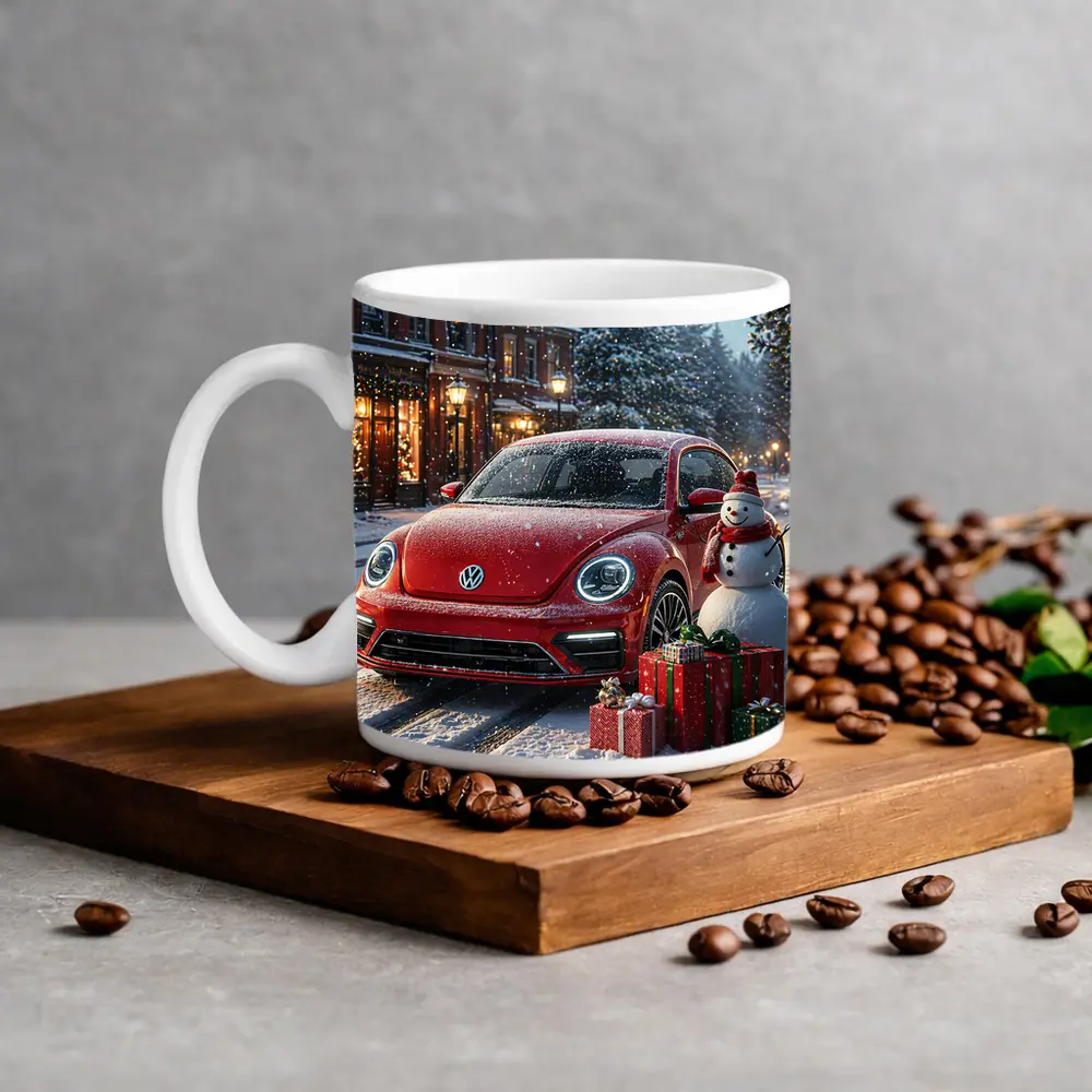Volkswagen Beetle Red Christmas Snow Scene – Mugs