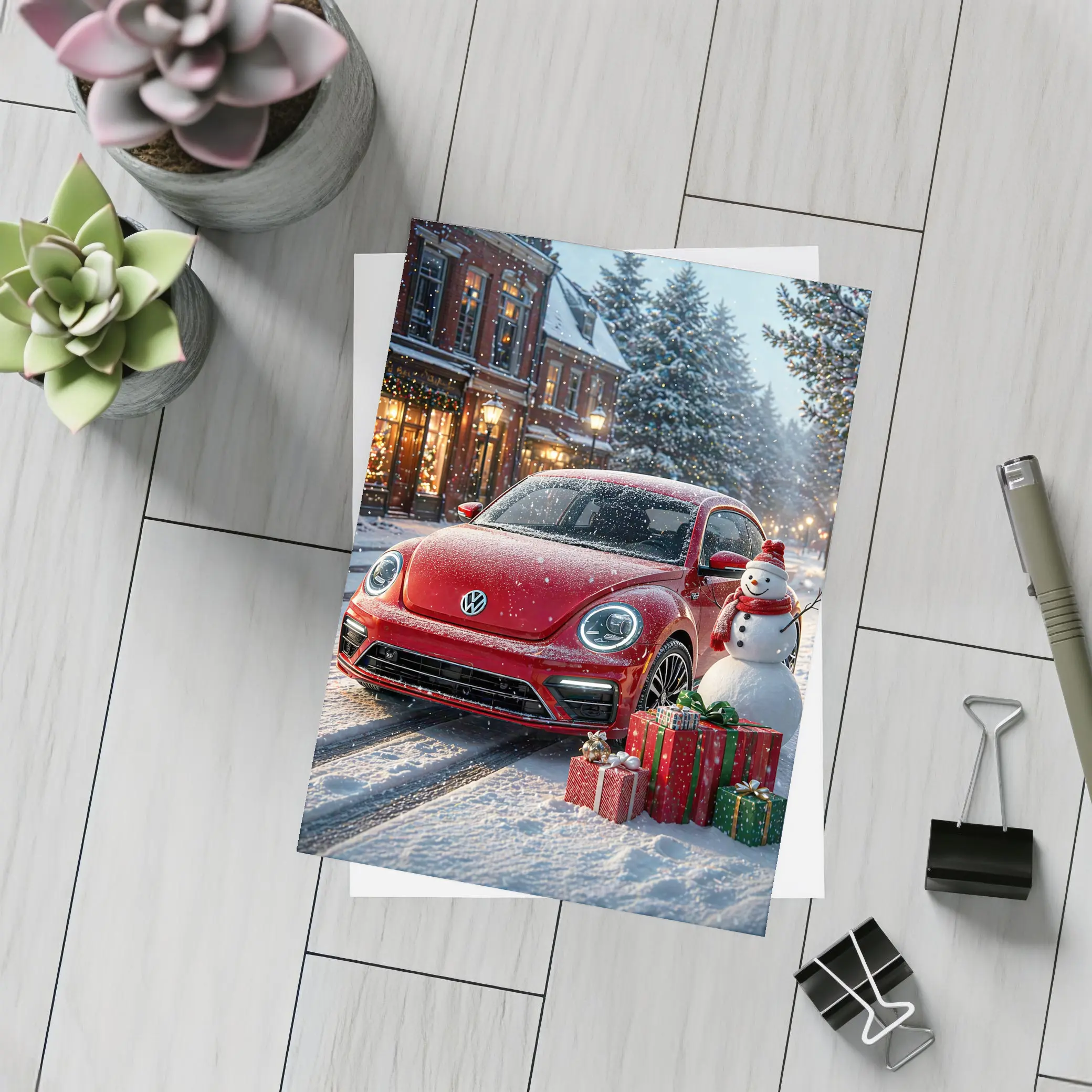 Volkswagen Beetle Red Christmas Snow Scene – Postcards