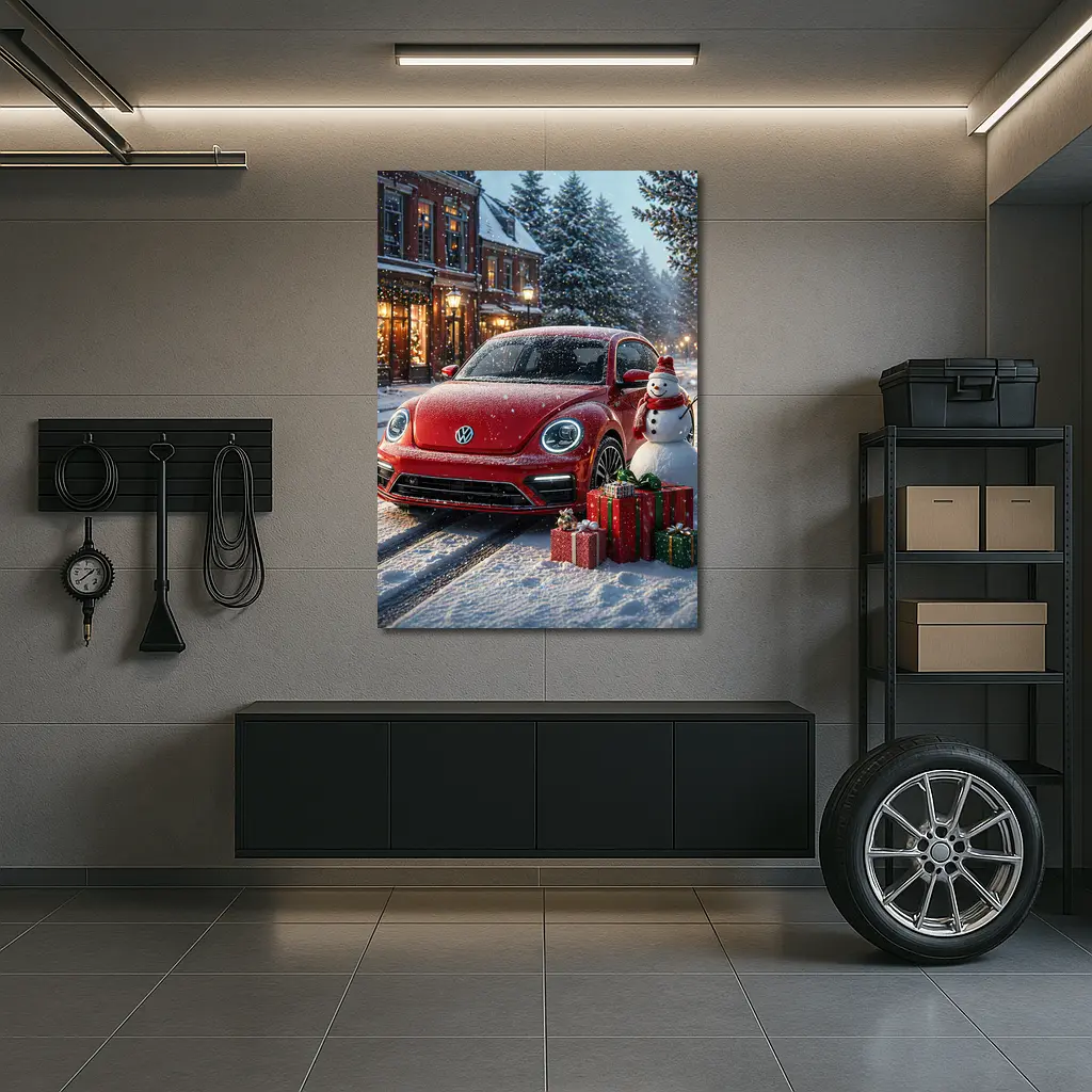 Volkswagen Beetle Red Christmas Snow Scene – Wall Art