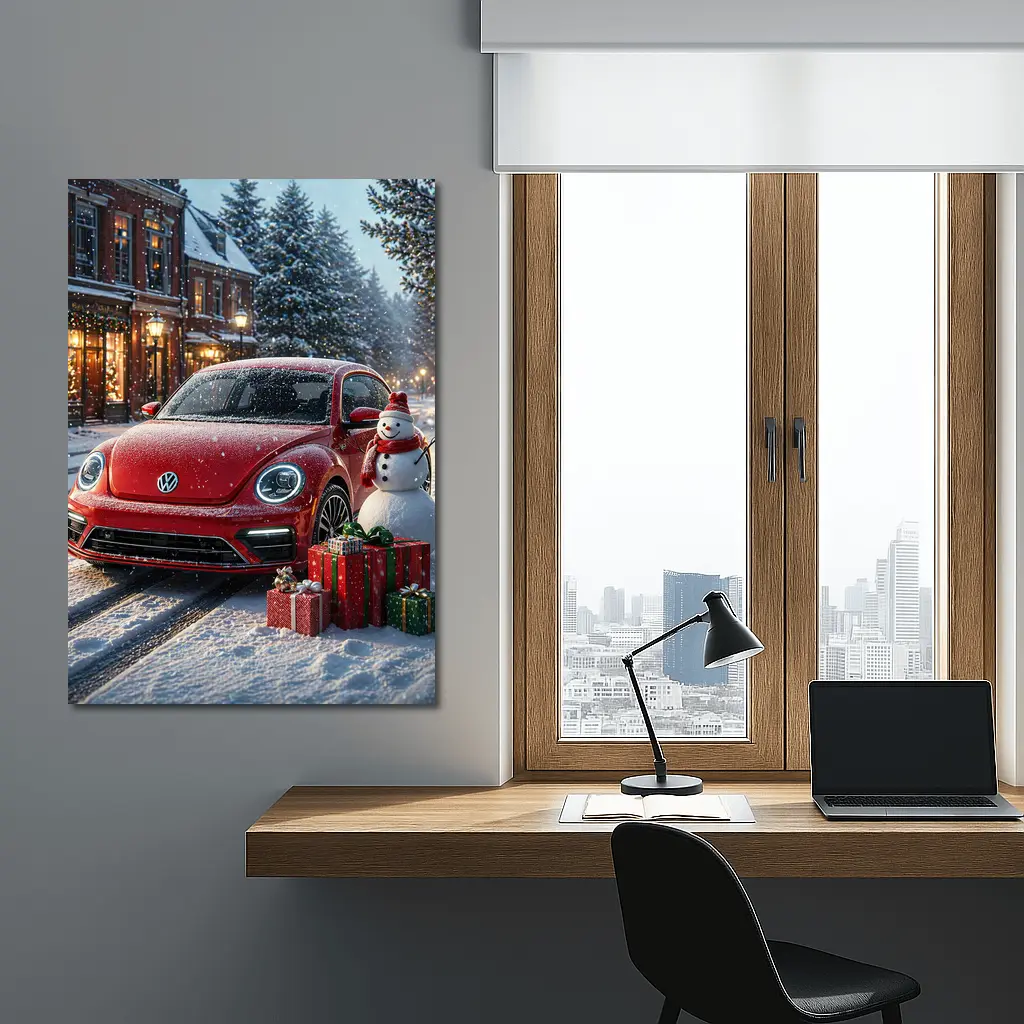 Volkswagen Beetle Red Christmas Snow Scene – Wall Art