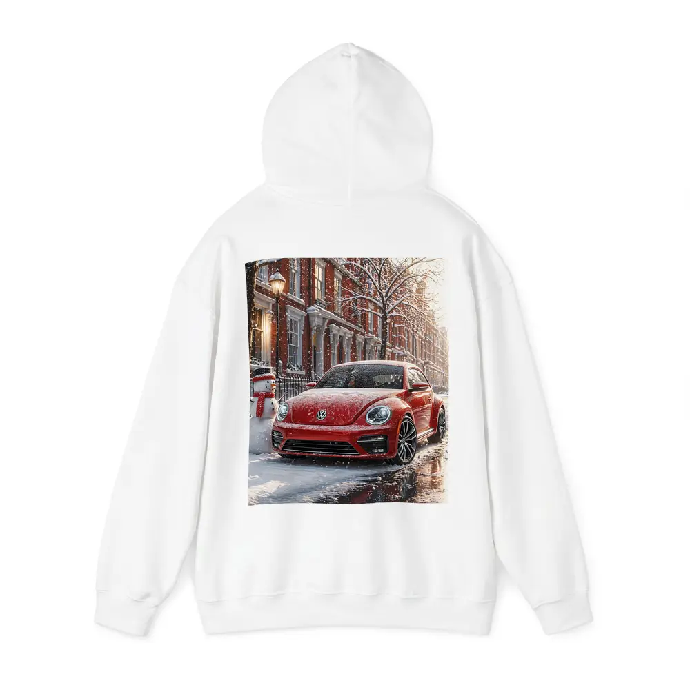 Volkswagen Beetle Red Car Snowy City Street – Hoodies