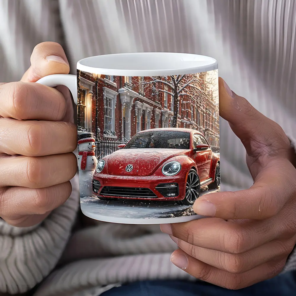 Volkswagen Beetle Red Car Snowy City Street – Mugs