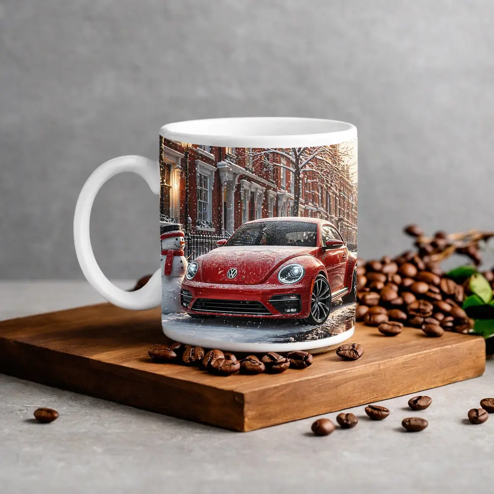 Volkswagen Beetle Red Car Snowy City Street – Mugs