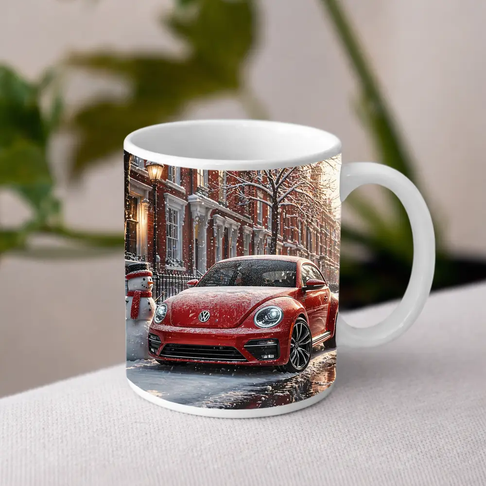 Volkswagen Beetle Red Car Snowy City Street – Mugs