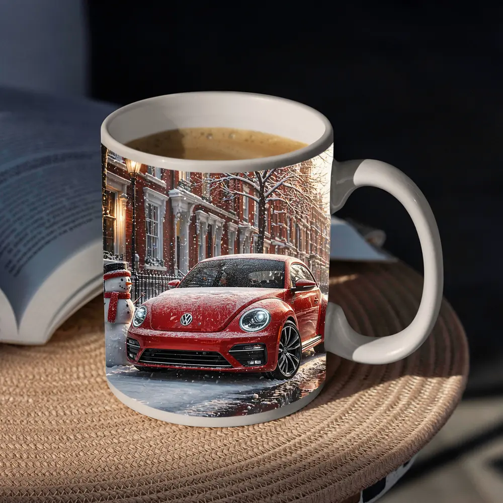 Volkswagen Beetle Red Car Snowy City Street – Mugs