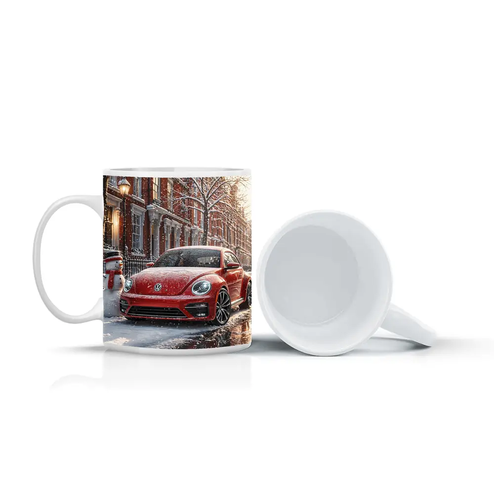 Volkswagen Beetle Red Car Snowy City Street – Mugs