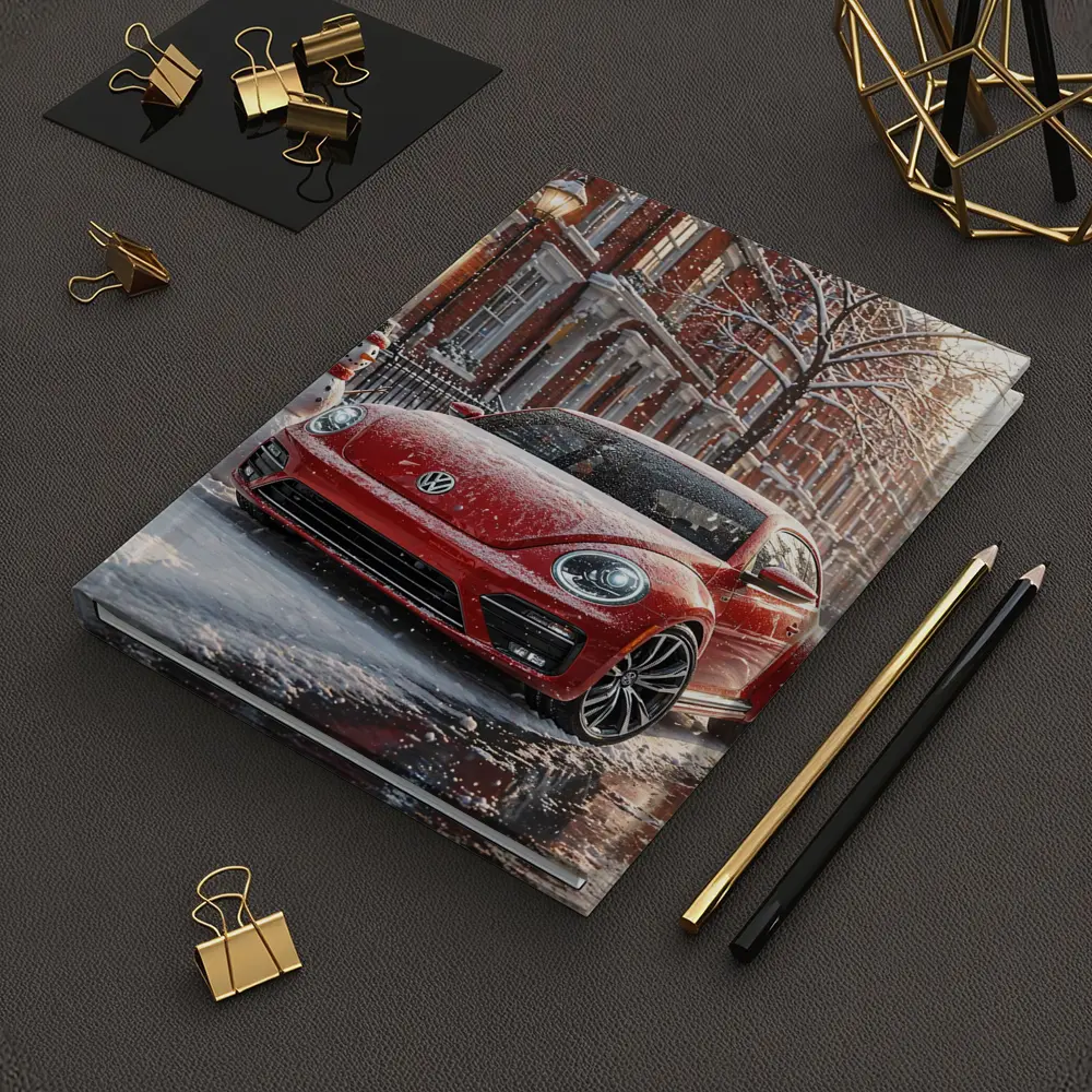 Volkswagen Beetle Red Car Snowy City Street – Notebooks