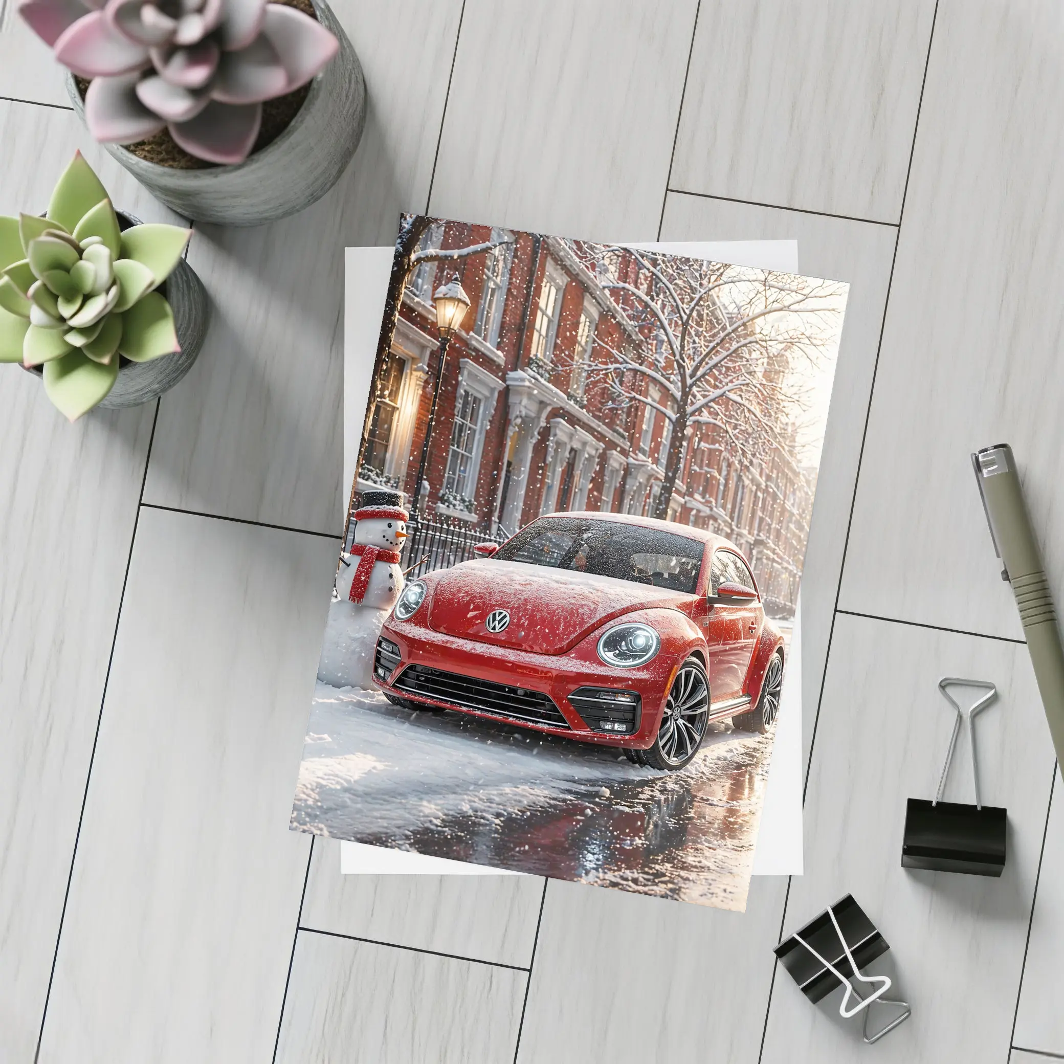 Volkswagen Beetle Red Car Snowy City Street – Postcards