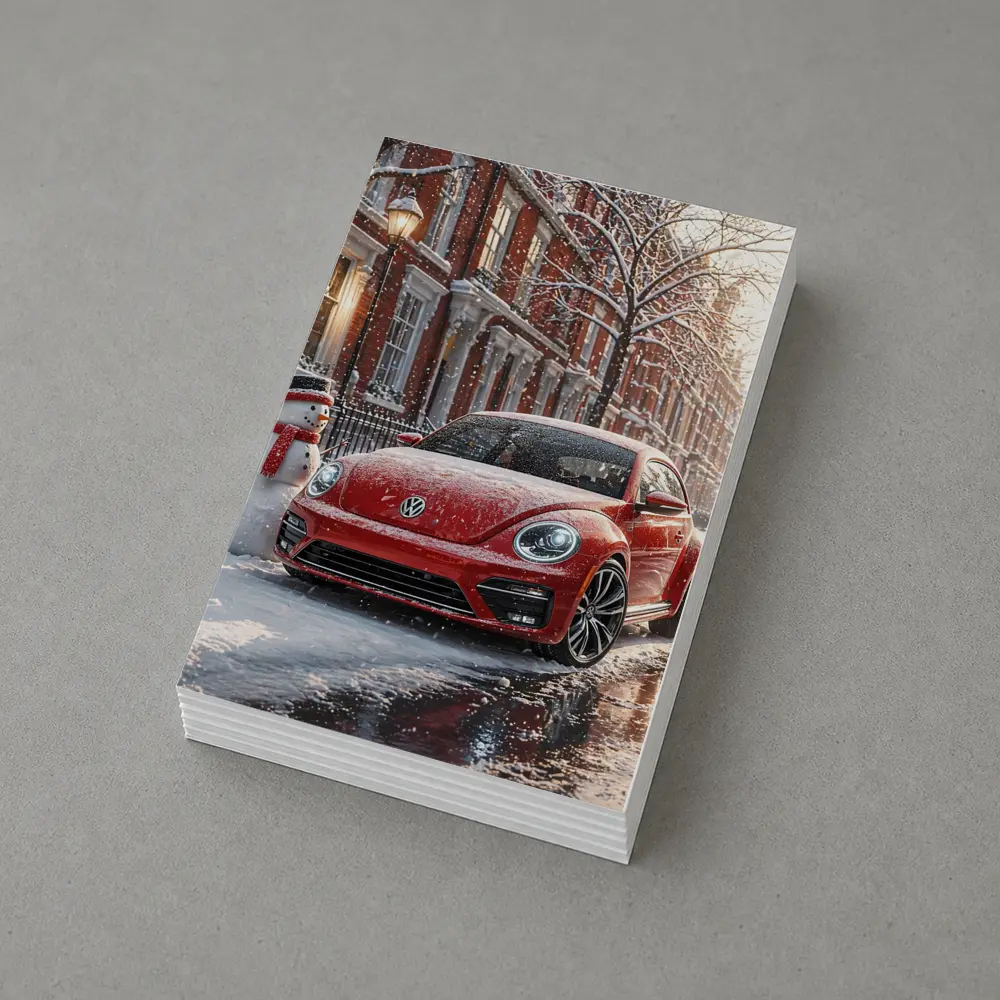 Volkswagen Beetle Red Car Snowy City Street – Postcards