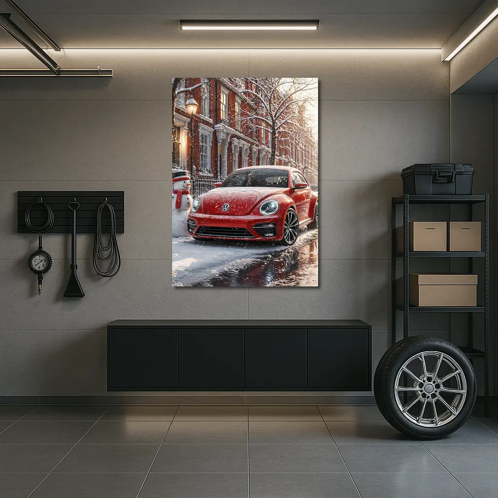 Volkswagen Beetle Red Car Snowy City Street – Wall Art