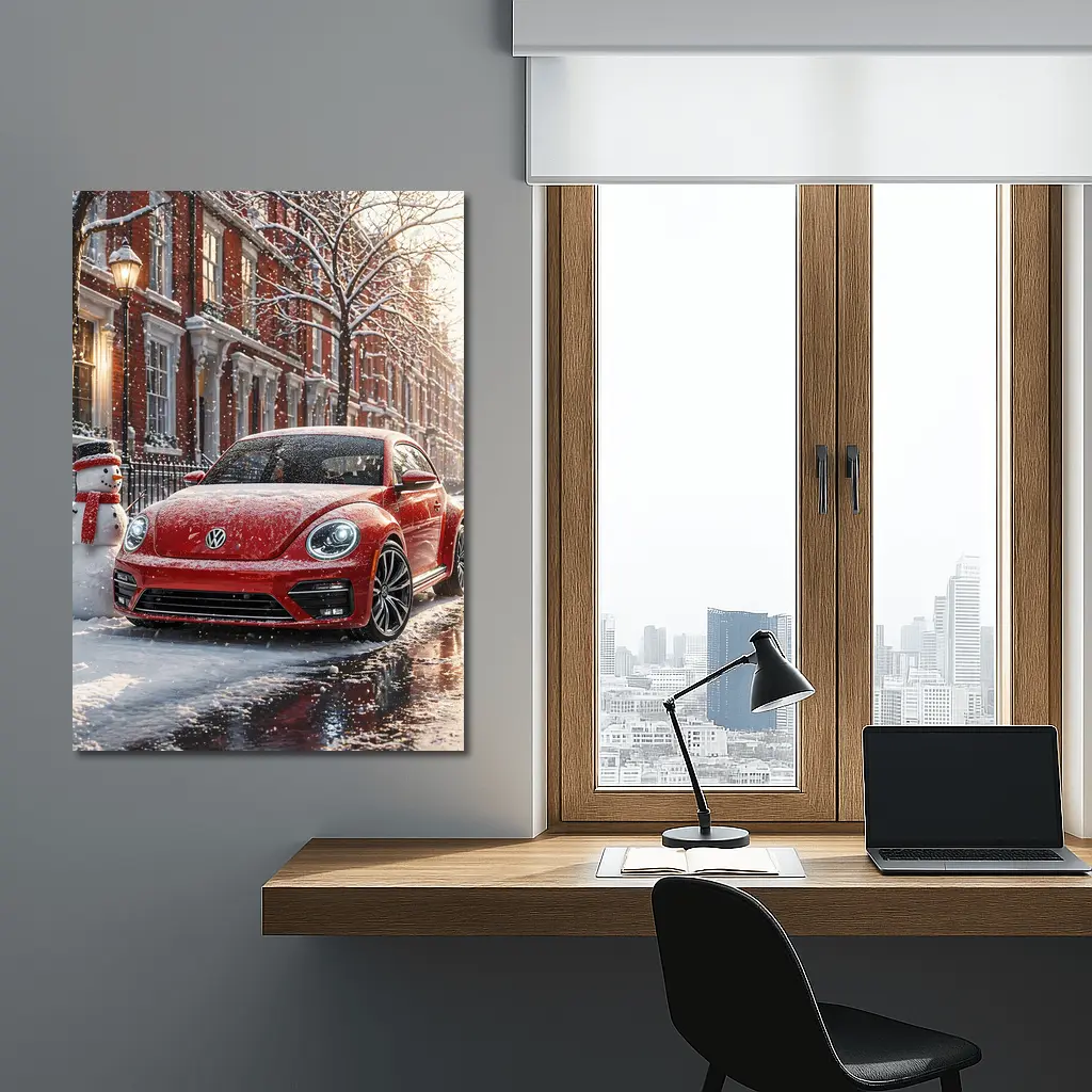 Volkswagen Beetle Red Car Snowy City Street – Wall Art