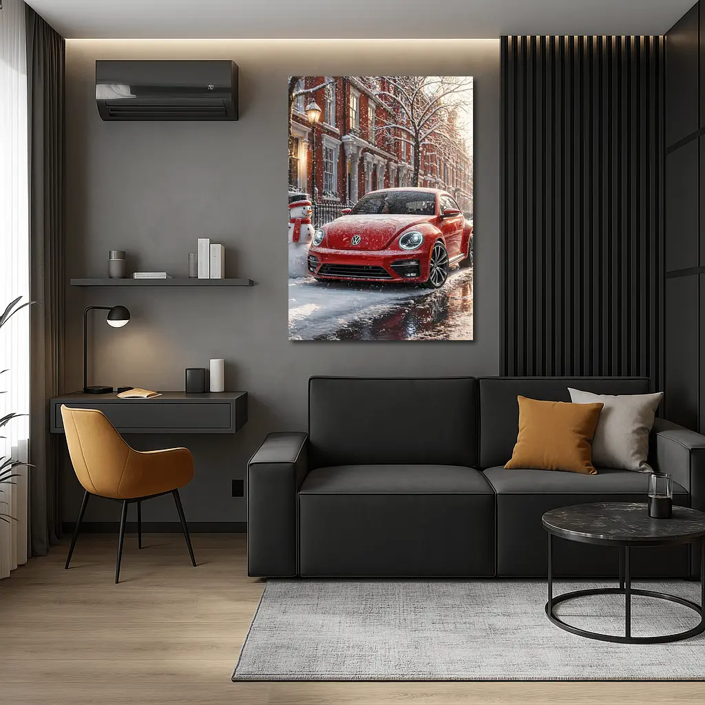 Volkswagen Beetle Red Car Snowy City Street – Wall Art