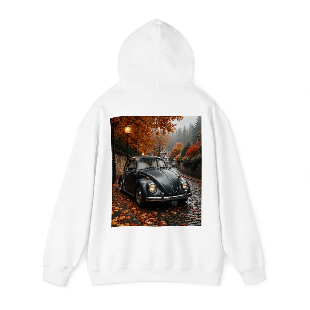 Volkswagen Beetle On Rainy Cobblestone Autumn Street – Hoodies