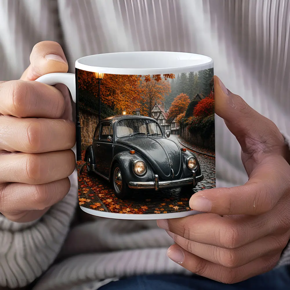 Volkswagen Beetle On Rainy Cobblestone Autumn Street – Mugs