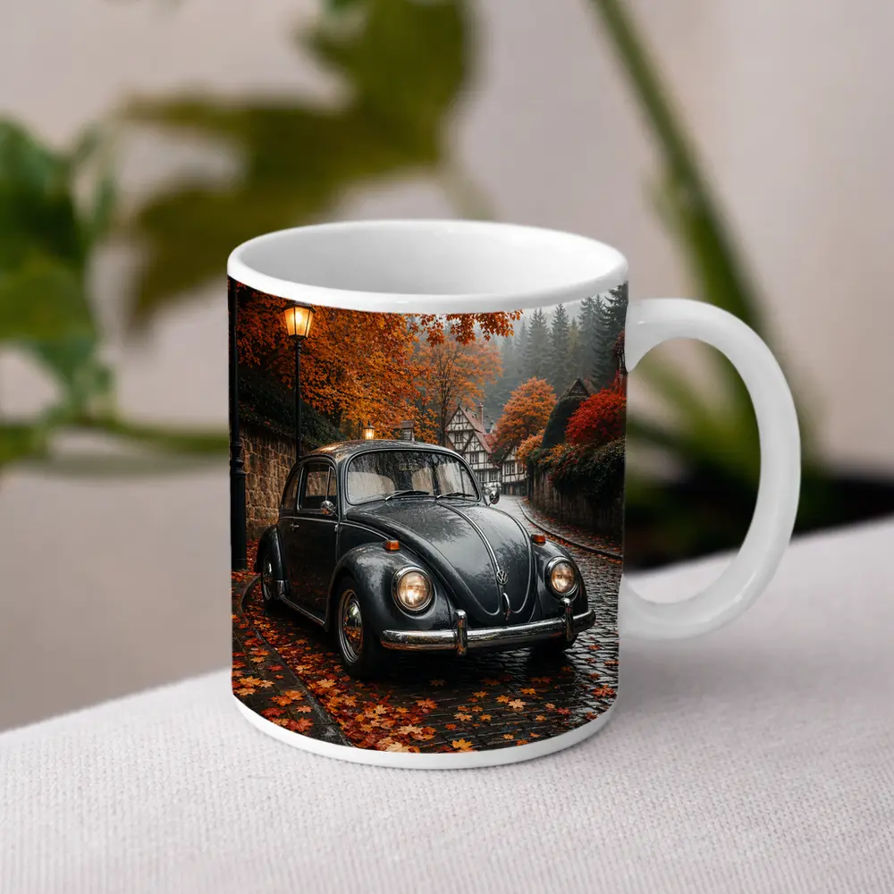 Volkswagen Beetle On Rainy Cobblestone Autumn Street – Mugs