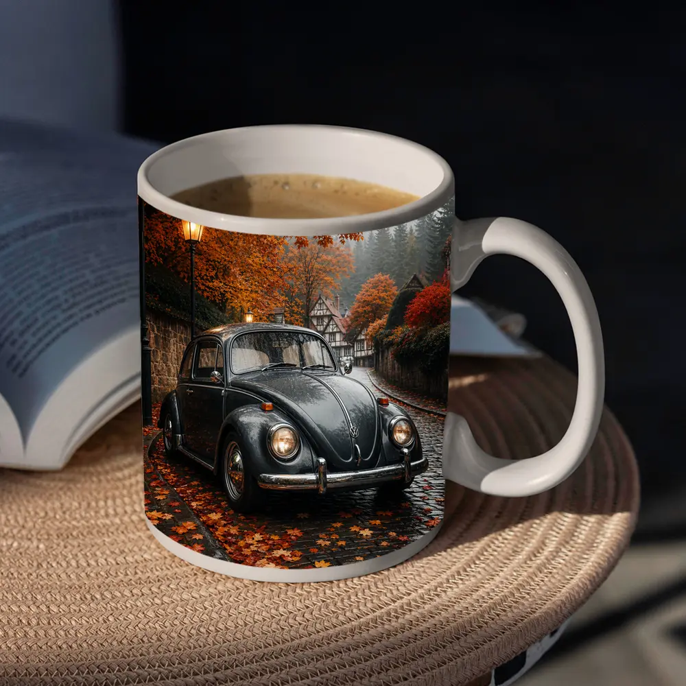 Volkswagen Beetle On Rainy Cobblestone Autumn Street – Mugs