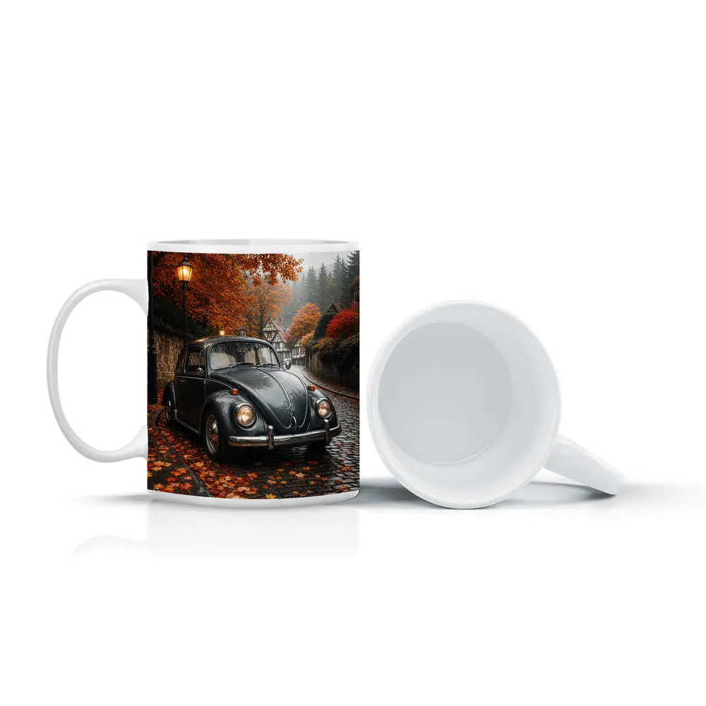 Volkswagen Beetle On Rainy Cobblestone Autumn Street – Mugs