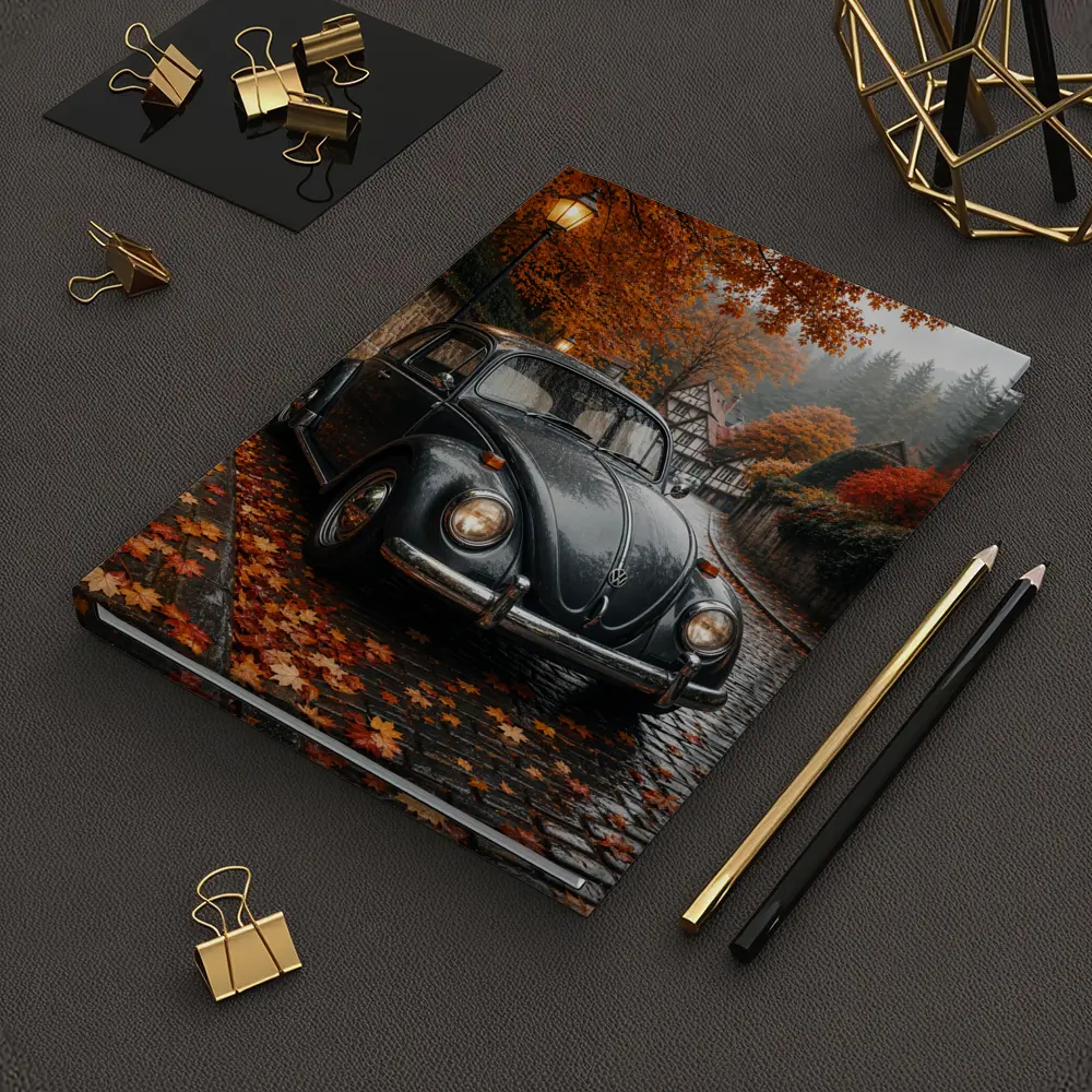 Volkswagen Beetle On Rainy Cobblestone Autumn Street – Notebooks
