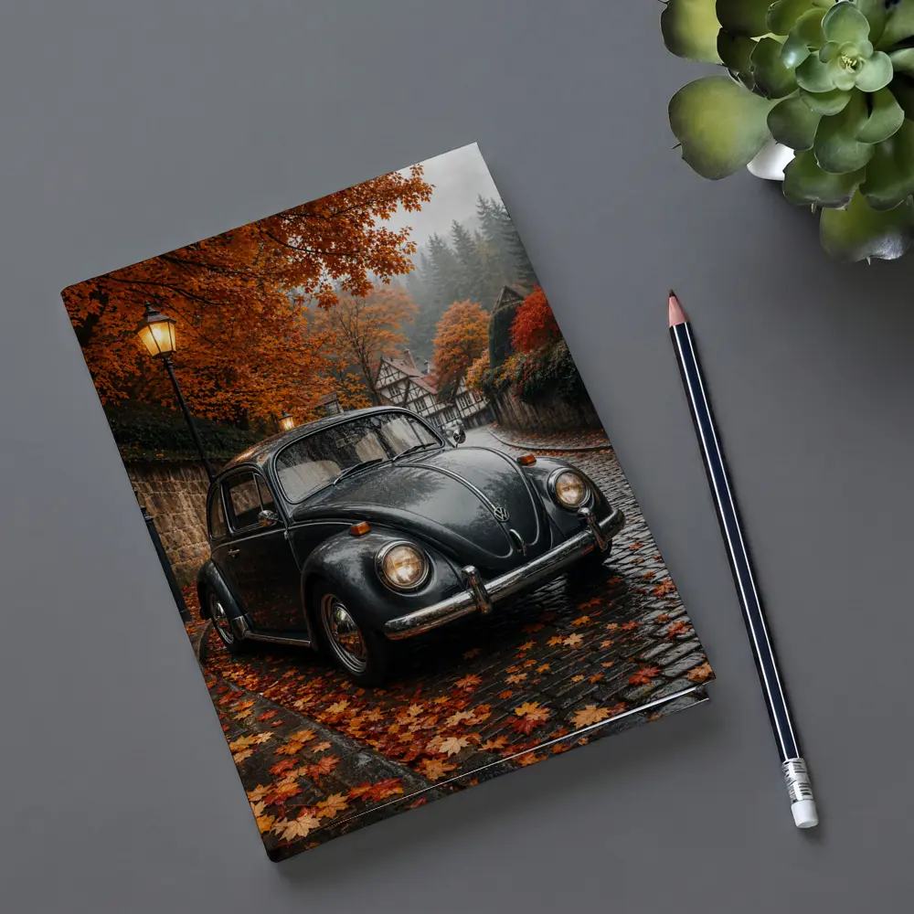 Volkswagen Beetle On Rainy Cobblestone Autumn Street – Notebooks