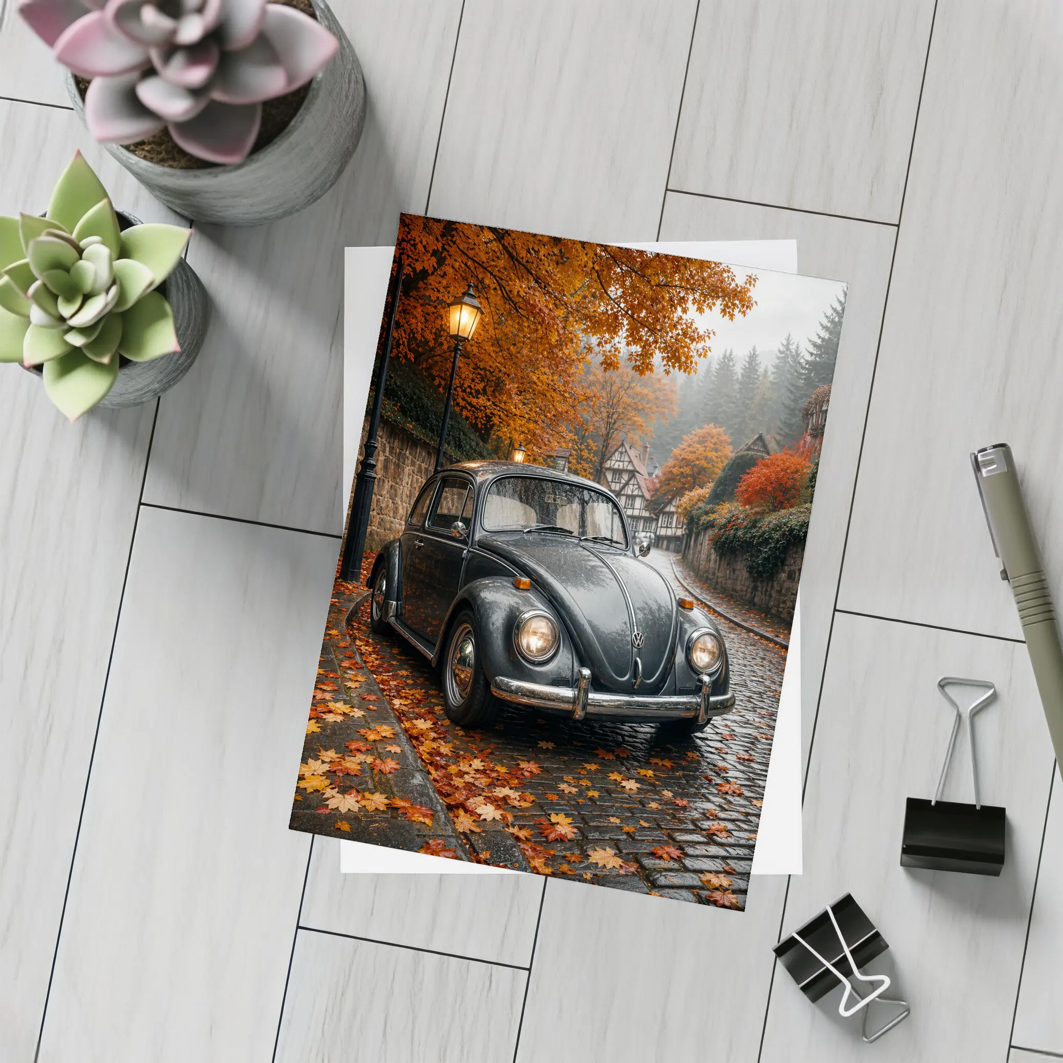 Volkswagen Beetle On Rainy Cobblestone Autumn Street – Postcards
