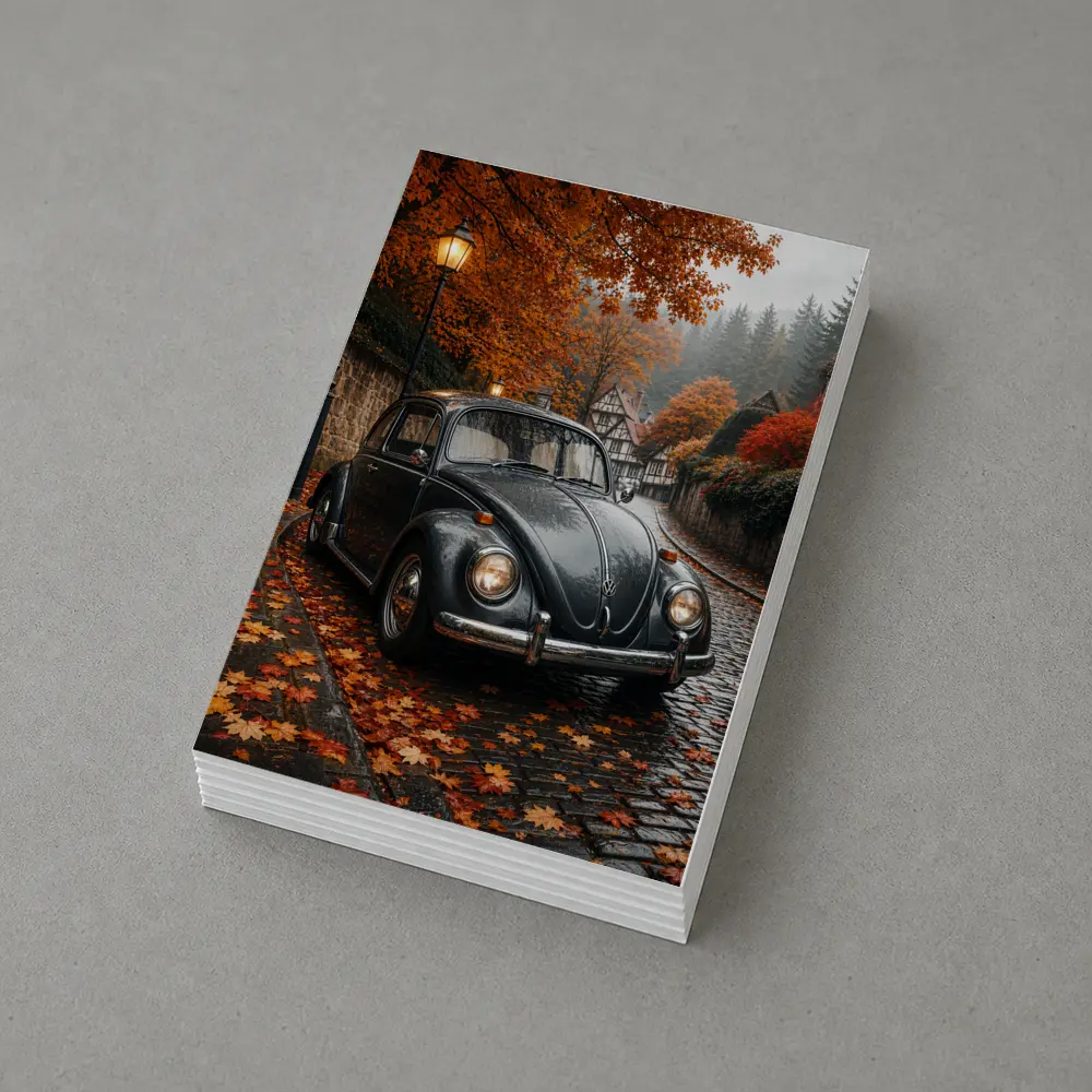 Volkswagen Beetle On Rainy Cobblestone Autumn Street – Postcards
