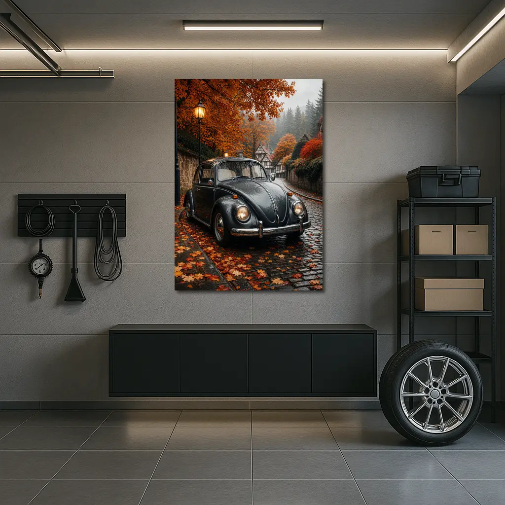 Volkswagen Beetle On Rainy Cobblestone Autumn Street – Wall Art