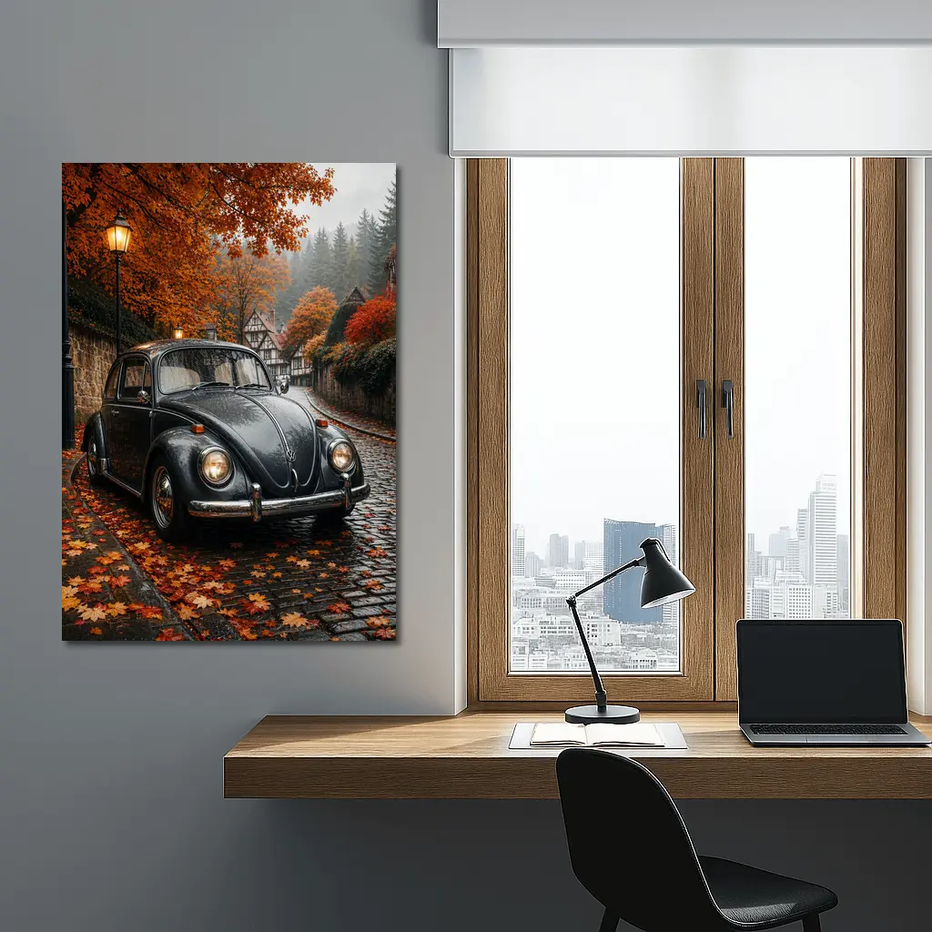 Volkswagen Beetle On Rainy Cobblestone Autumn Street – Wall Art