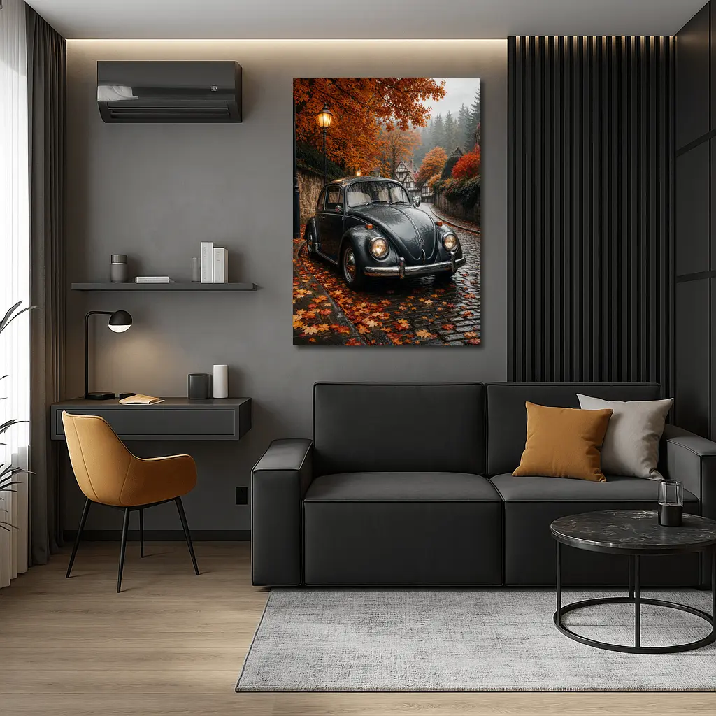 Volkswagen Beetle On Rainy Cobblestone Autumn Street – Wall Art