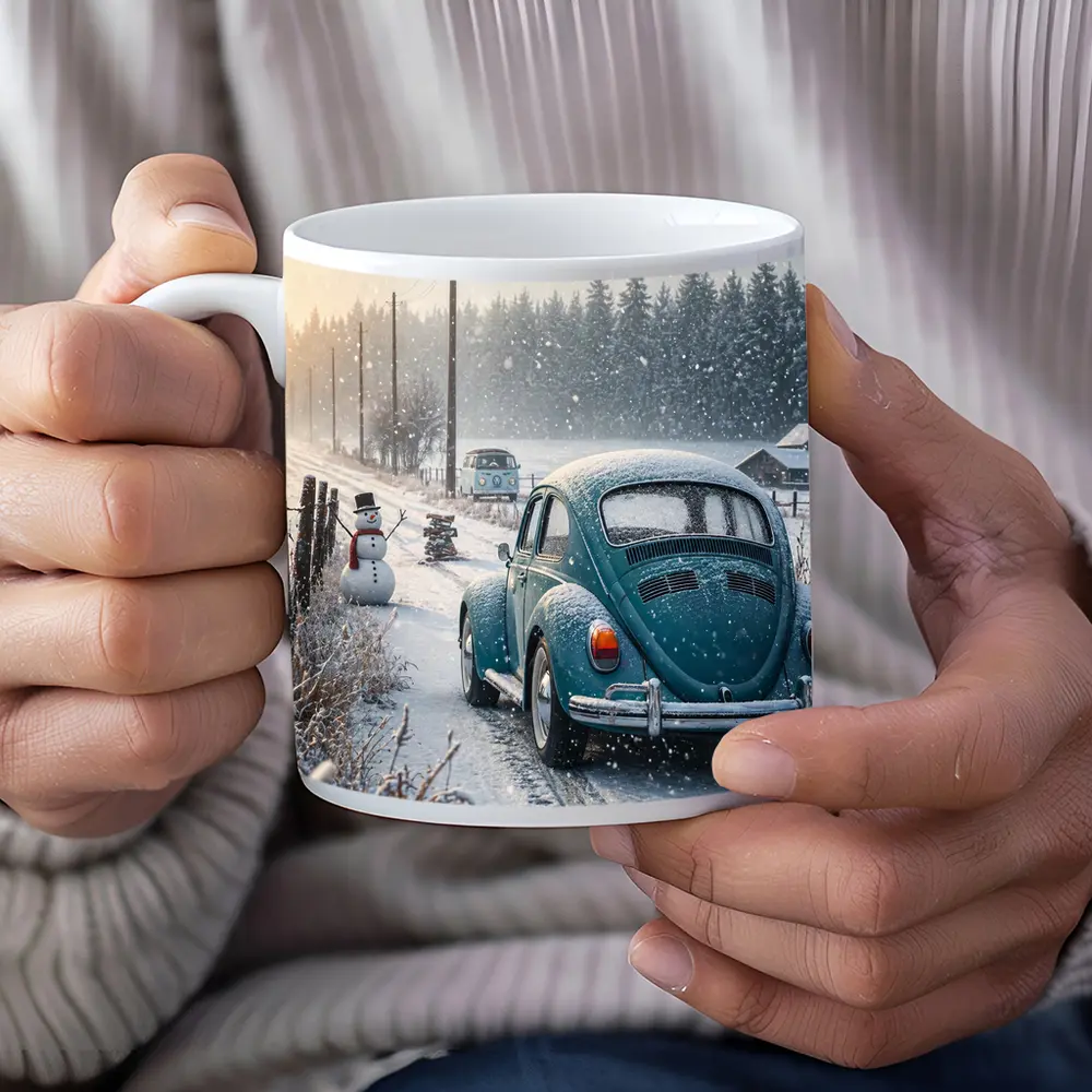 Volkswagen Beetle Winter Snow Country Road – Mugs