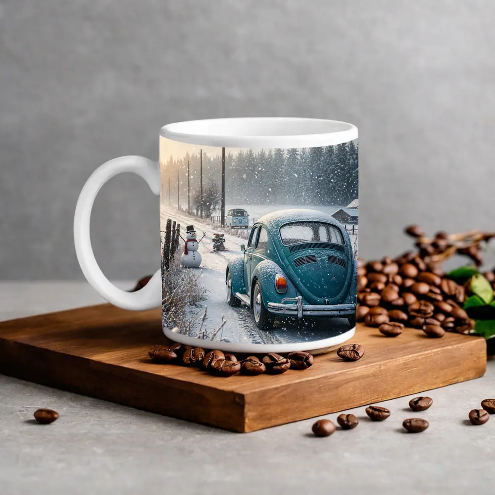Volkswagen Beetle Winter Snow Country Road – Mugs
