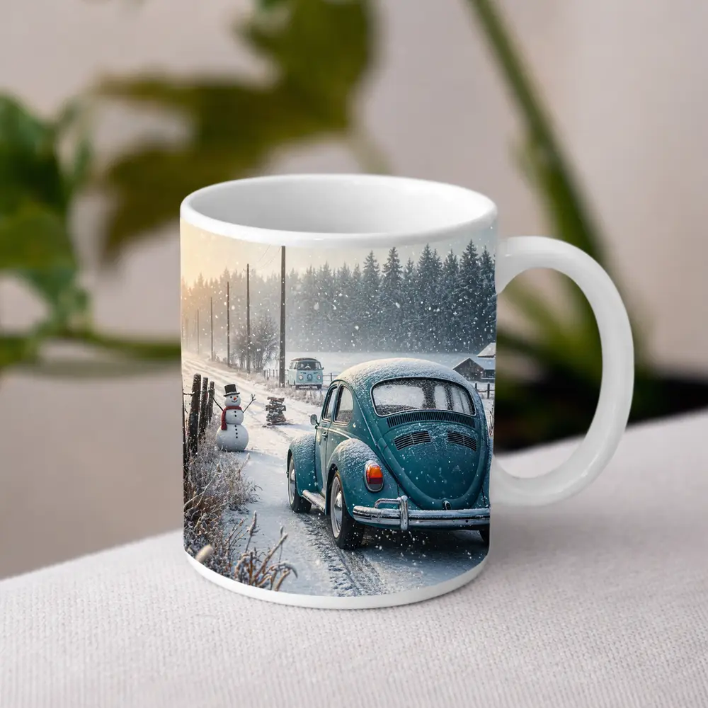 Volkswagen Beetle Winter Snow Country Road – Mugs