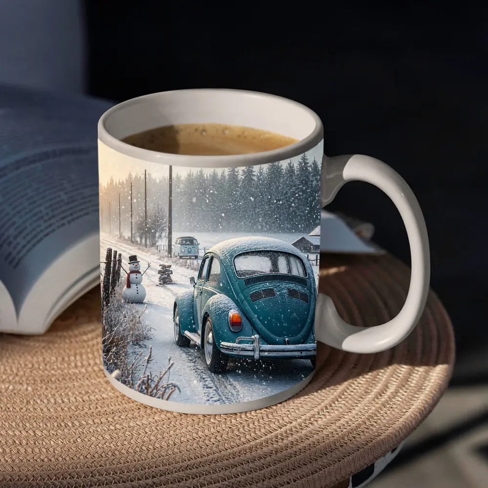 Volkswagen Beetle Winter Snow Country Road – Mugs