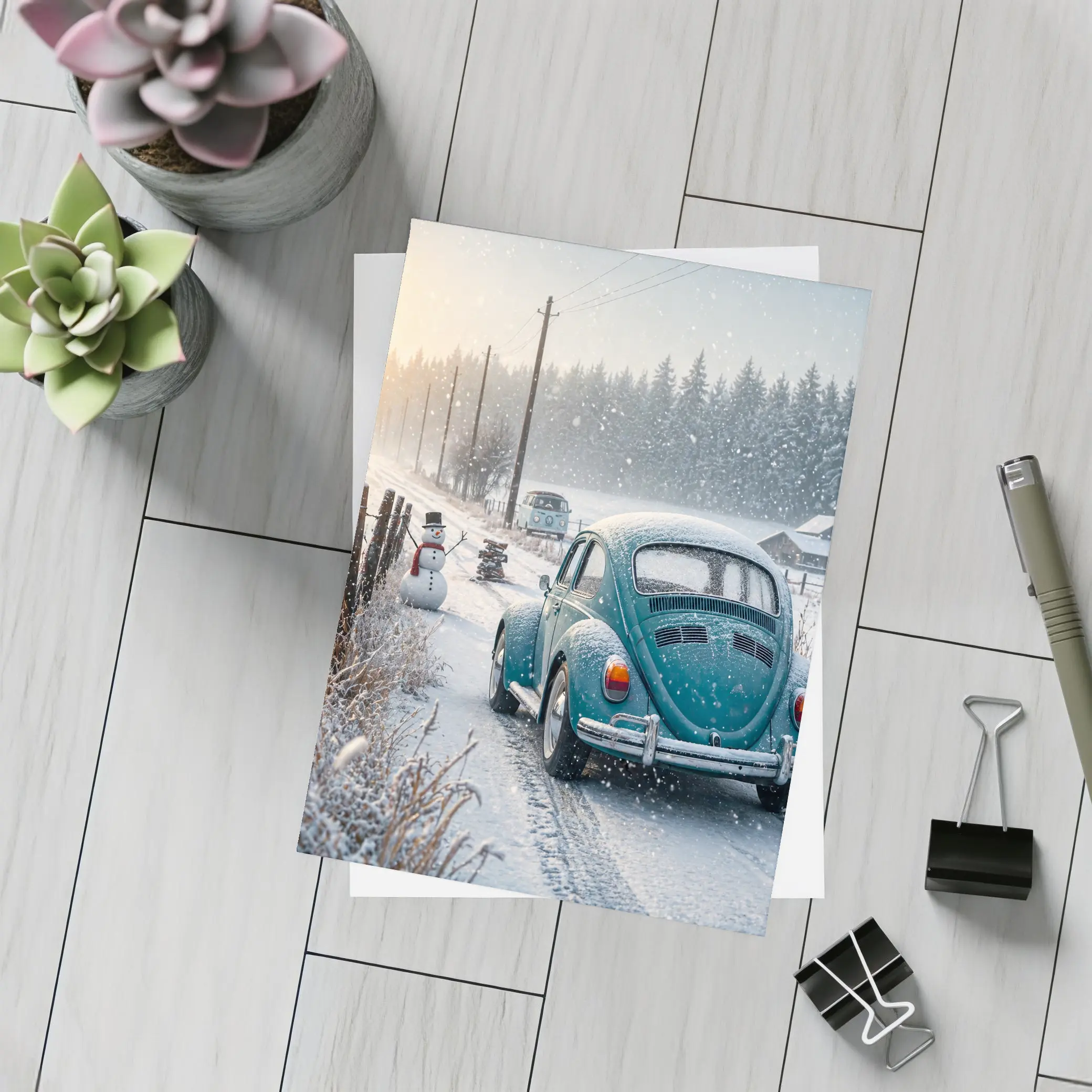 Volkswagen Beetle Winter Snow Country Road – Postcards