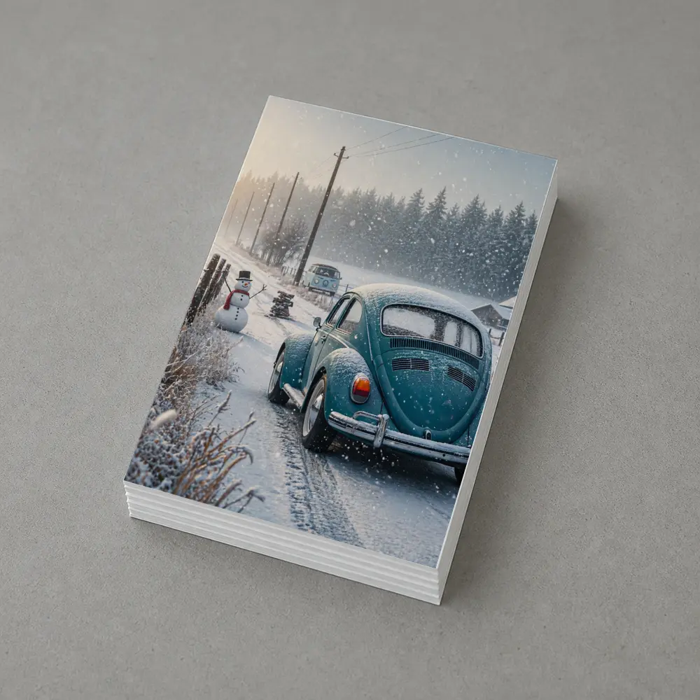 Volkswagen Beetle Winter Snow Country Road – Postcards